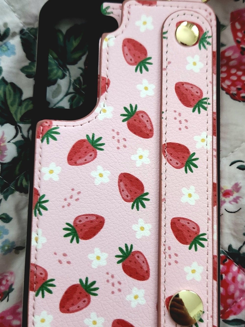 Pink Strawberry Pattern Phone Case with Wrist Strap — Cute Floral Design